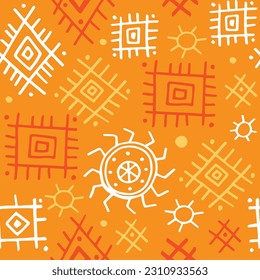 Ethnic seamless pattern. Folk traditional primitive drawings. Bright orange pattern for fabric, paper, print.