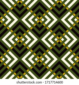 Ethnische nahtlose Muster. Folk-Tapete. Schleudern, Kurven, Winkelklammern, Schecks, Quadrate, Fliesen, Hombusse, Diamantenschmuck. Ethnischer Ornat. Stammesmotiv. Ethnisches Mosaik. Vektorillustration, Stoffdruck.