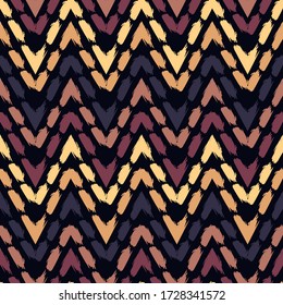 Ethnic seamless pattern. Freehand horizontal zigzag chevron stripes print. Boho chic design background. Indigenous, tribal style wallpaper. Brush strokes, handdrawn geometric ornament. Vector abstract
