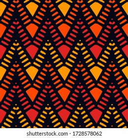 Ethnic seamless pattern. Freehand horizontal zigzag chevron stripes print. Boho chic design background. Indigenous, tribal style wallpaper. Brush strokes, handdrawn geometric ornament. Vector abstract