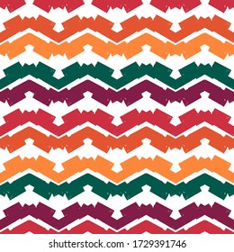 Ethnic seamless pattern. Freehand horizontal zigzag chevron stripes print. Boho chic design background. Indigenous, tribal style wallpaper. Brush strokes, handdrawn geometric ornament. Vector abstract