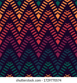 Ethnische nahtlose Muster. Freehand horizontale Zickzag chevron Streifen drucken. Boho chic Design Hintergrund. Indigene Tapete im Stammesstil. Pinselstriche, handgezeichnete geometrische Ornamente. Vektor-Zusammenfassung