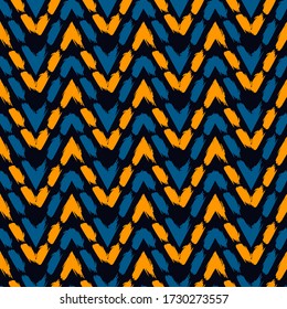 Ethnic seamless pattern. Freehand horizontal zigzag chevron stripes print. Boho chic design background. Indigenous, tribal style wallpaper. Brush strokes, handdrawn geometric ornament. Vector abstract