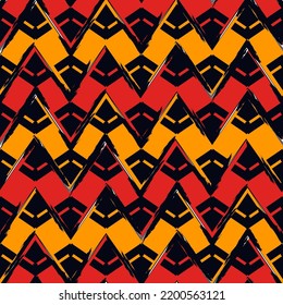 Ethnic seamless pattern. Freehand horizontal zigzag chevron stripes print. Boho chic design background. Indigenous, tribal style wallpaper. Brush strokes, handdrawn geometric ornament. Vector abstract