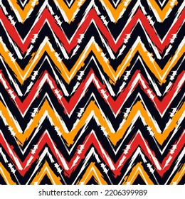 Ethnic seamless pattern. Freehand horizontal zigzag chevron stripes print. Boho chic design background. Indigenous, tribal style wallpaper. Brush strokes, handdrawn geometric ornament. Vector abstract