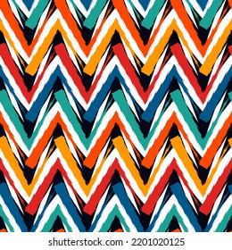 Ethnic seamless pattern. Freehand zigzag stripes print. Boho chic design background. Tribal style wallpaper. Brush wavy lines. Handdrawn geometric ornament. Chevron backdrop. Indigenous image