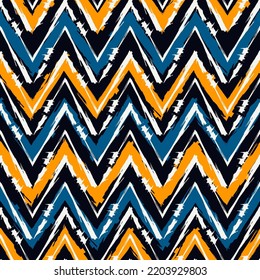 Ethnic seamless pattern. Freehand zigzag stripes print. Boho chic design background. Tribal wallpaper. Brush wavy lines. Handdrawn geometric ornament. Chevron backdrop. Indigenous image