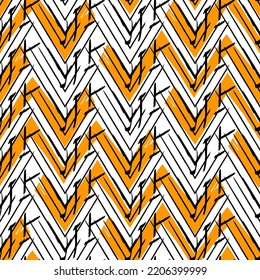 Patrón étnico sin fisuras. Impresión de franjas de zigzag manos libres. Fondo de diseño elegante de Boho. Papel tapiz tribal. Cepillar líneas onduladas. Ornamento geométrico dibujado a mano. Fondo de Chevron. Imagen indígena