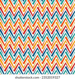 Ethnic seamless pattern. Freehand zigzag stripes print. Boho chic design background. Tribal style wallpaper. Brush wavy lines. Handdrawn geometric ornament. Chevron backdrop. Indigenous image