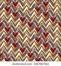 Ethnic seamless pattern. Freehand zigzag stripes print. Boho chic design background. Tribal wallpaper. Brush wavy lines. Handdrawn geometric ornament. Chevron backdrop. Indigenous image. Vector art.