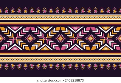Ethnic seamless pattern of geometric shapes on navy blue background. Shapes are arranged in a complex and intricate pattern, creating a sense of depth and movement. Design for ikat, ethnic, fabric.