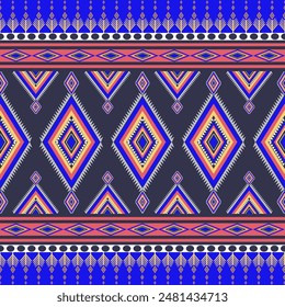 Ethnische nahtlose Muster geometrischen Stammeshintergrund. Rote, gelbe, weiße traditionelle Motive auf blauem Hintergrund. Abstrakte aztekische ornamentale nahtlose Textur für textilen Bildschirmhintergrund. Vektorgrafik