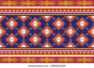 Ethnische nahtlose Muster geometrischen Stammes. Helle traditionelle Motive auf blauem und rotem Hintergrund. Abstrakte aztekische ornamentale nahtlose Textur für textilen Bildschirmhintergrund. Vektorillustration