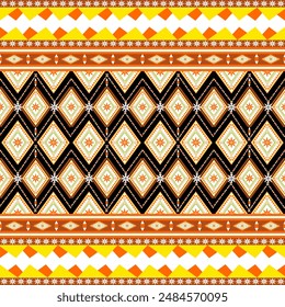 Ethnic seamless pattern geometric tribal. Bright traditional motifs on red background. Abstract Aztec ornamental seamless texture for textile wallpaper fabric. Vector illustration