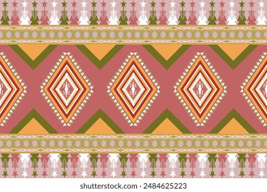 Ethnic seamless pattern geometric tribal. Bright traditional motifs on red background. Abstract Aztec ornamental seamless texture for textile wallpaper fabric. Vector illustration
