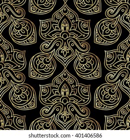 Ethnic seamless pattern in gold and black colors. Abstract background. Oriental decorative elements. Boho style vector illustration.