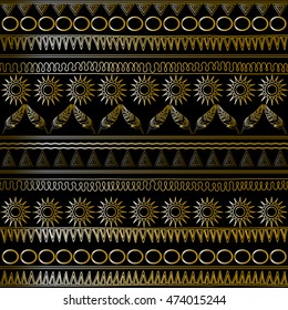Ethnic seamless pattern. Golden Ethnic repeated backdrop on black background. Creative design for fashion clothes. Original style.