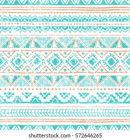 Ethnic seamless pattern. Grungy texture. Cute vintage ornament. Blue and brown elements on a white background. Vector illustration.