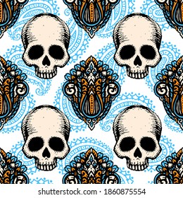 Ethnic seamless pattern with hand drawn skulls. Great for printing on fabric, paper, wallpaper and other surfaces. Vector Illustration.