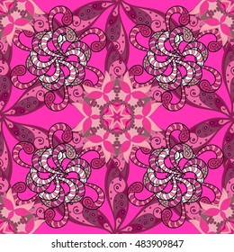 Ethnic seamless pattern with hand drawn mandalas. Vector illustration on pink background