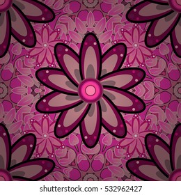 Ethnic seamless pattern with hand drawn mandalas. Vector illustration on pink background. Petal flower.