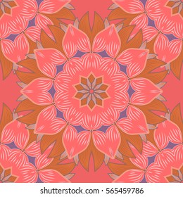 Ethnic seamless pattern with hand drawn mandalas. Vector illustration on pink background. Petal flower.