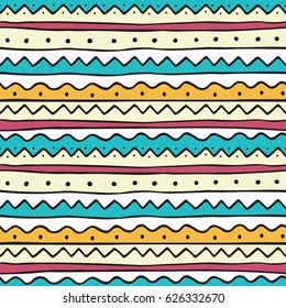 Ethnic seamless pattern in hand drawn doodle style. Colorful vector background for wallpaper, wraps, cloth design, fabric, paper, cover and textile.