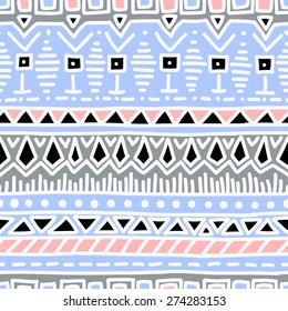 Ethnic seamless pattern hand-drawn. Black, blue, pink and white colors.