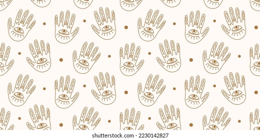 Ethnic seamless pattern with hands. Boho tribal elements. Henna tattoo ornament. Hand drawn palmistry, esoteric texture vector background.