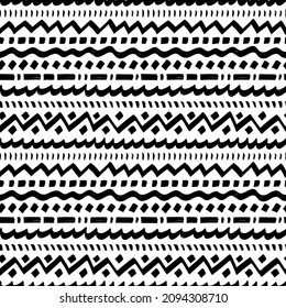 Ethnic seamless pattern with horizontal decorative stripes. Vector geometric background. Aztec tribal ornament. Black and white geometric ethnic lines and borders. For prints, textile, wrapping paper.