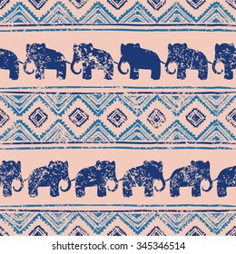 Ethnic seamless pattern. Horizontal stripes and elephants.