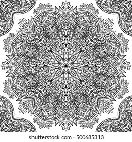 Ethnic seamless pattern. Indian floral textile print. Black and white coloring pages book. Floral wallpaper