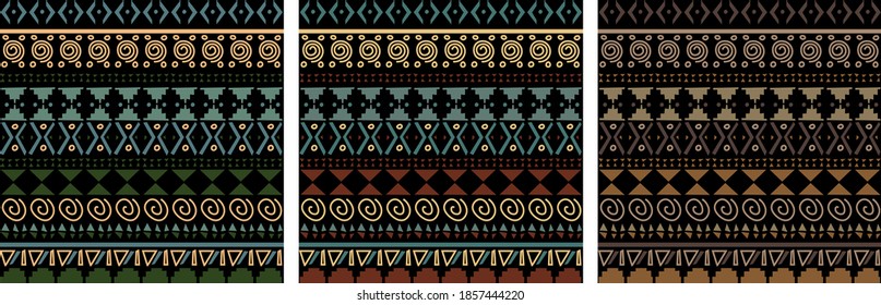 Ethnische nahtlose Muster, inspiriert von der Aztekkultur. Geometrischer schwarzer Hintergrund mit doodlen Schwireln, Linien, Kreisen, Dreiecken. Dunkle natürliche Farben: braun, tealblau, beige. Vektorhintergrund-Set EPS 8.