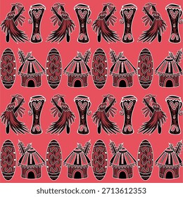 Patrón étnico sin fisuras inspirado en la cultura de Papúa con pájaro del paraíso, tambor de tifa, escudo tribal y casa de honai. Perfecto para textiles, telas, Fondo de pantalla y diseño cultural.