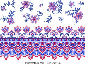 Ethnic seamless pattern in kalamkari style, fantasy floral pattern. Colored vector illustration without gradients and transparency.  Isolated on white background.