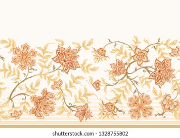 Ethnic seamless pattern in kalamkari style, fantasy floral pattern. Colored vector illustration without gradients and transparency.  Isolated on white background.