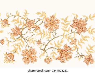 Ethnic seamless pattern in kalamkari style, fantasy floral pattern. Colored vector illustration without gradients and transparency.  Isolated on white background.