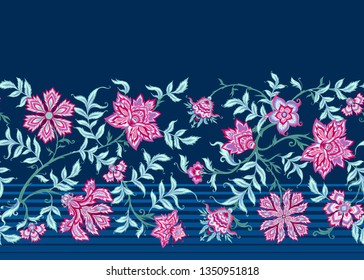 Ethnic seamless pattern in kalamkari style, fantasy floral pattern. Colored vector illustration without gradients and transparency.  On navy blue background.