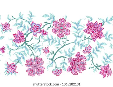 Ethnic seamless pattern in kalamkari style, fantasy floral pattern. Colored vector illustration without gradients and transparency.  Isolated on white background.