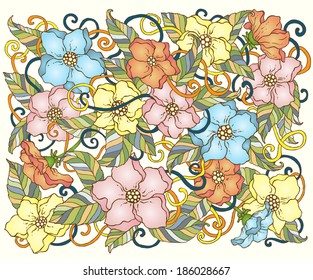 Ethnic seamless pattern with mandala, cucumbers and paisley. Round Ornament Pattern. Ornamental Flowers.
