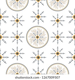 Ethnic seamless pattern with mandala golden vintage colors. Circle ornament drawing vector illustration background.