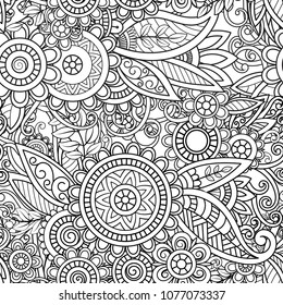 Patrón étnico sin fisuras con mandalas, flores y hojas. Doodles adornos florales en blanco y negro. Perfecto para papel pintado, libros de coloración para adultos, fondo de página web, texturas superficiales.