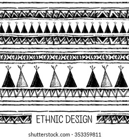 Ethnic seamless pattern in native style. Tribal vector seamless pattern with native American Indian symbols. Boarder wigwam pattern. Hand-drawn indian background vector. Native american tent pattern