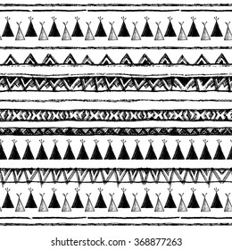 Ethnic seamless pattern in native style. Tribal vector seamless pattern with native American Indian symbols. Boarder wigwam pattern. Hand-drawn indian background vector. Native american tent pattern