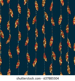 Ethnic seamless pattern in native style with bright colored feathers and beads. Vector background