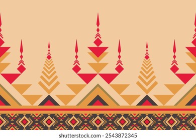 Ethnic seamless pattern with Navajo and Aztec tribal motifs, created for rugs, carpets, and textiles. Earthy palette, blending Native American and Southeast Asian styles with a vintage touch