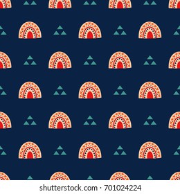 Ethnic seamless pattern on dark blue background. Fashion abstract geometric design for textile, decor, fabric, wallpaper.