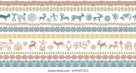 Ethnic seamless pattern on the theme of rock paintings, petroglyphs and geometric pattern, vector design, banner