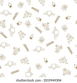 Ethnic seamless pattern on white background. Repeat endless texture with folk elements in doodle style. Tilable background. Vector illustration