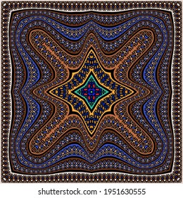 Patrón étnico sin fisuras. Fondo ornamental. Repetir el fondo del vector colorido. Ornamentos de estilo indio con marco cuadrado, formas geométricas, líneas de zigzag, bordes. Diseño tribal para chales, bandana.